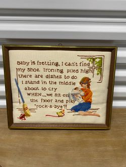 Vintage Framed Embroidery Art Mother Baby Rock-a-bye Quote