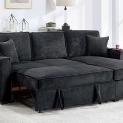 New! 89”L Reversible Black corduroy Sectional Sofa Bed, Sectional Sofa Bed, Black Sofa, Sleeper Sofa, Grey Couch, Reversible Sectional, Sectional Sofa