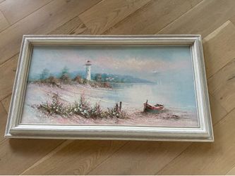 Large 55 x31 inch Beautiful coastal artwork original in oak frame