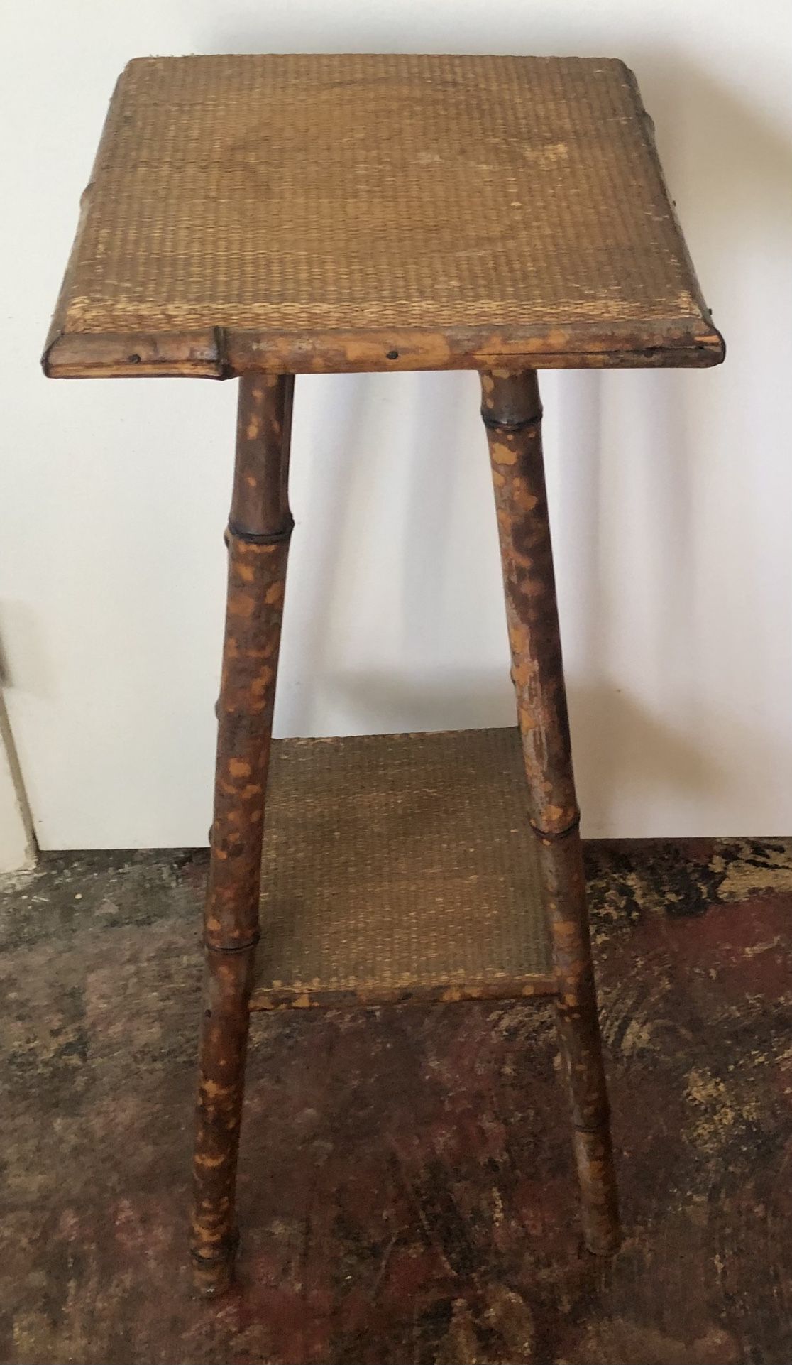 Vintage Tortoiseshell Bamboo Plant Stand with Rice Mat Top 