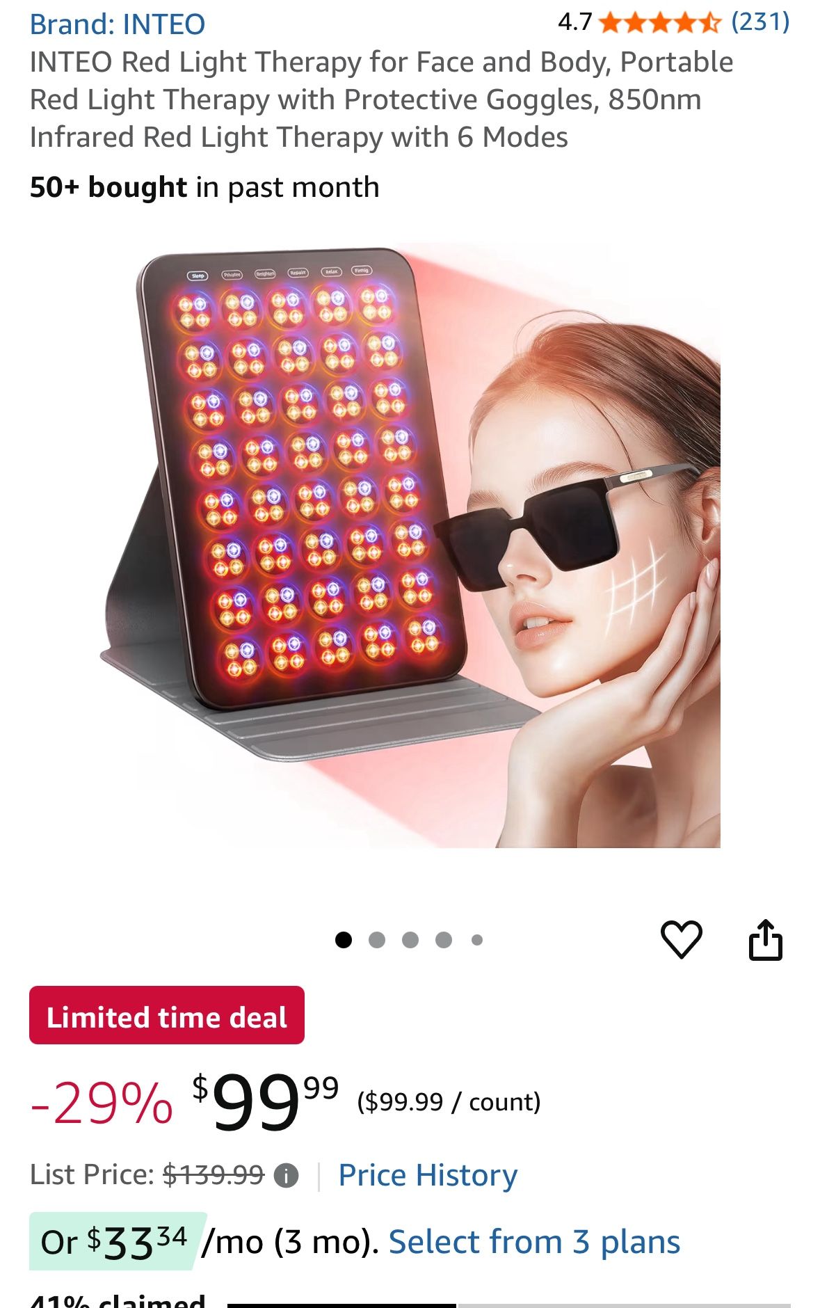 New. INTEO Red Light Therapy for Face and Body, Portable Red Light Therapy with Protective Goggles, 850nm Infrared Red Light Therapy with 6 Modes