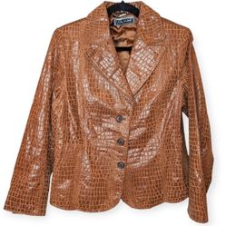 Vintage Brown Leather Reptile Snake Alligator Print Button Front Jacket Large