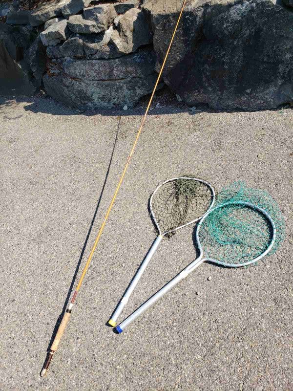 Vintage South Bend Outdoorsman Fiberglass Fly Spinning Pole,  Two Fishing Nets