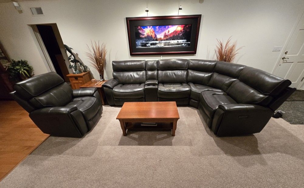 Slate Gray Leather Power Recliner Sectional Sofa and Chair