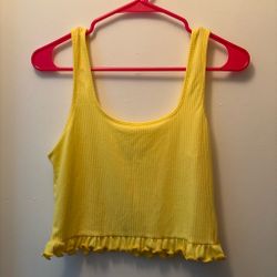 Yellow Ribbed Crop Tank Top with Ruffle Hem