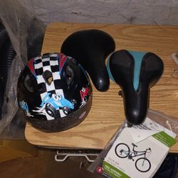 bike seats and a child's helmet.  