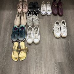 Shoes Top Row Size 8,  Second Row Size 8.5,  Third Row Size 9, And Gold Sandals Size 10,  White Nikes Size 6.5 Y.  Any $10. 