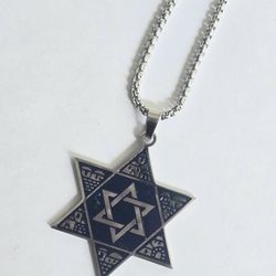 STAR OF DAVID LARGE QUALITY TITANIUM SILVER  EXTRA LONG CHAIN UNISEX  NECKLACE