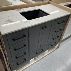 Bathroom Vanity Cabinet 48” Solid Mango Quartz Top With Sink And Backsplash