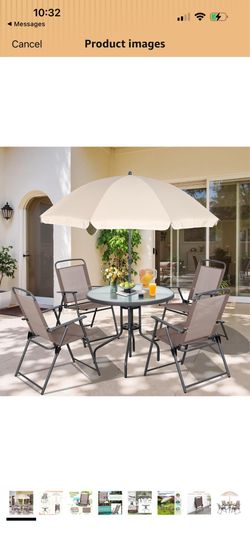 Vongrasig 6 Pieces Folding Patio Dining Set, All Weather Small Metal Outdoor Table and Chairs Set, Patio Furniture Set w/Umbrella, Glass Table & 4 Fol