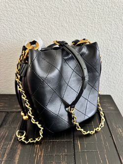 Black Quilted Leather Bucket Bag Gold Chain