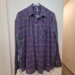 Free People Shirt Womens Extra Small Purple Plaid Crinkle Cotton Button Down XS