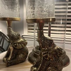 Two Treeratan® Aluminum Elephant Candle Holder, Gold Decorative Pillar Stand, Home Decor Tabletop