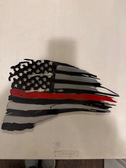 Distressed American Flag Metal Wall Art Thin Red Line Firefighter Decor 14x10 In