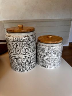 Set of 2 Decorative Ceramic Canisters with Wood Lids