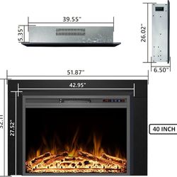 Electric Fireplace Insert with Metal Trim Kit, Overall Installed Size 51.8" W x 32" H, Fireplace Heater with Adjustable Flames, 1-9 Hour Timer, Remote