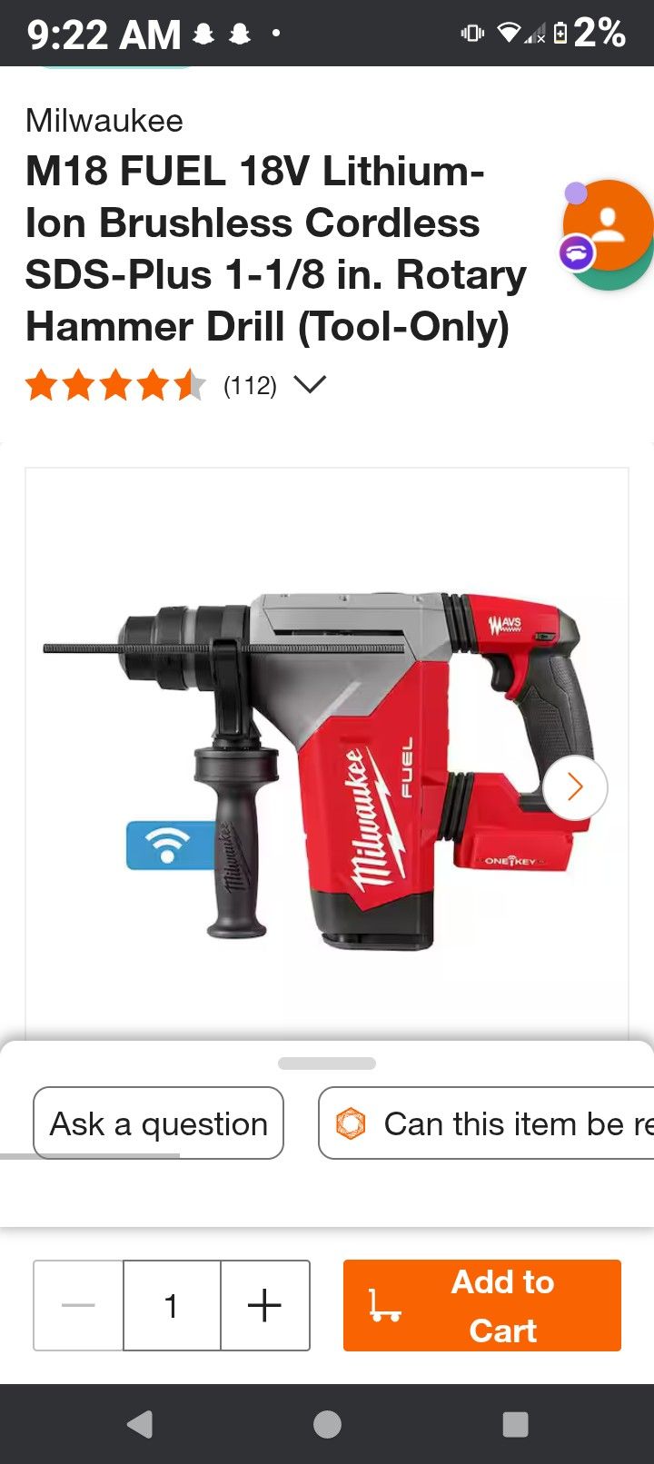 1-1/8 One Key Roto Hammer 2915-20