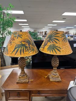 Vintage Pair of Pineapple Table Lamps with Tropical Shades