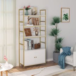 Gold Bookshelf, 4-Tier White Standard Bookcase with Storage Cabinet, Modern Iron Book Shelves Display Shelf with Door for Home Office, White Gold