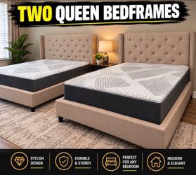 🌟Flash Sale! Free Delivery! Two New Queen size Upholstered Bedframes includes Mattresses