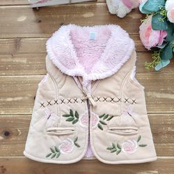 2T TAN & PINK FLORAL EMBROIDERY FAUX FUR INNER LINING VEST