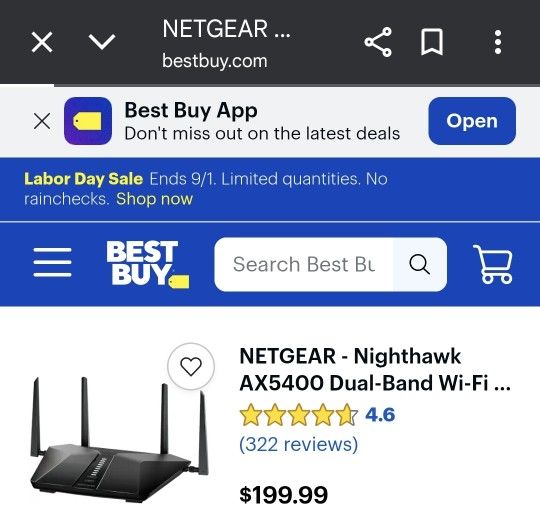 NETGEAR - Nighthawk AX5400 Dual-Band Wi-Fi 6 Router - Black
Rating 4.6 out of 5 stars with 322 reviews
4.6