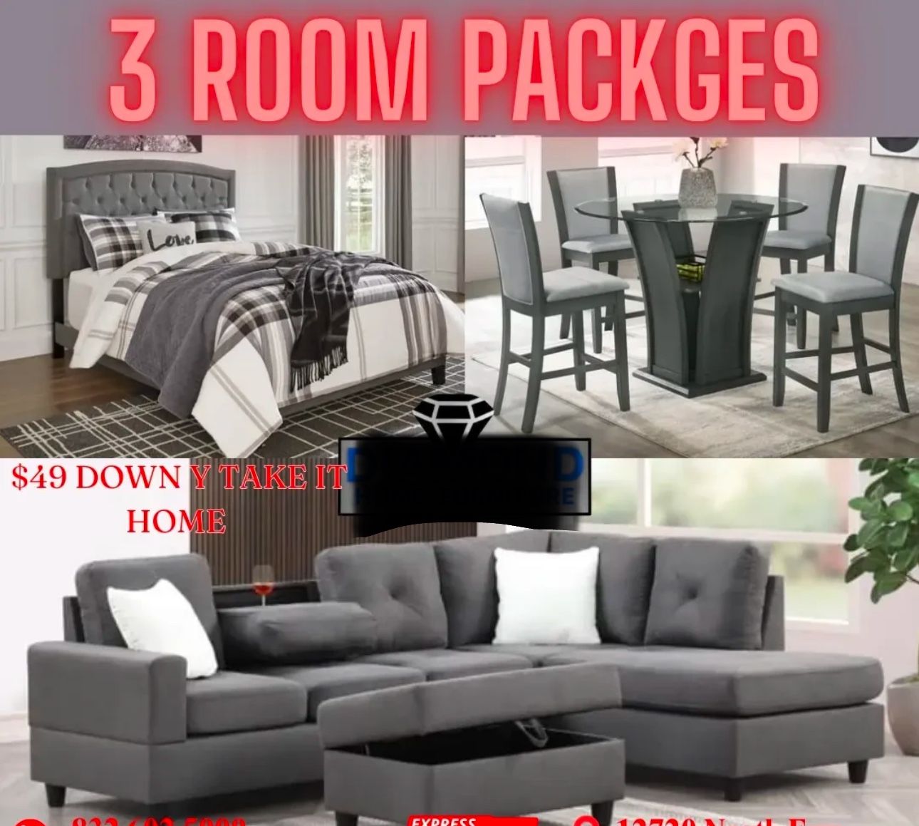 NEW 3ROOM PACKAGE DEAL- BED MATTRESS DINING ROOM SECTIONAL SOFA AND MORE 
