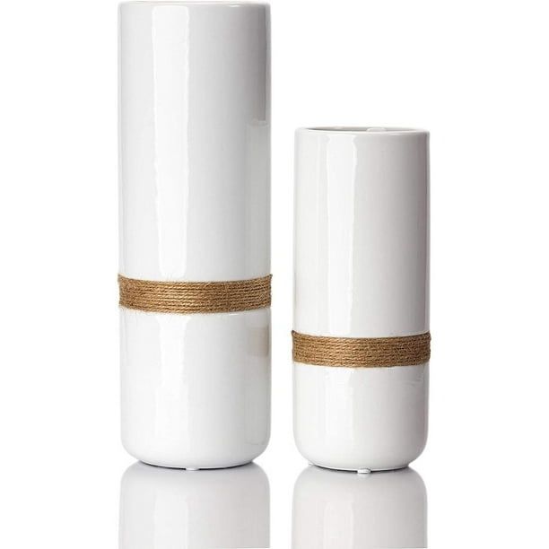 White Flower Vase Set Elegant White Vases for Decor with Rustic Boho Rope Accent, Non Scratch Base Decorative Minimalist Vases for Flowers, Home, Offi