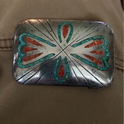 VTG Navajo Turquoise And Coral Chip Inlay BIRD Belt Buckle