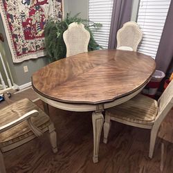 Traditional antique wood dining table, 5 chairs and buffet side board