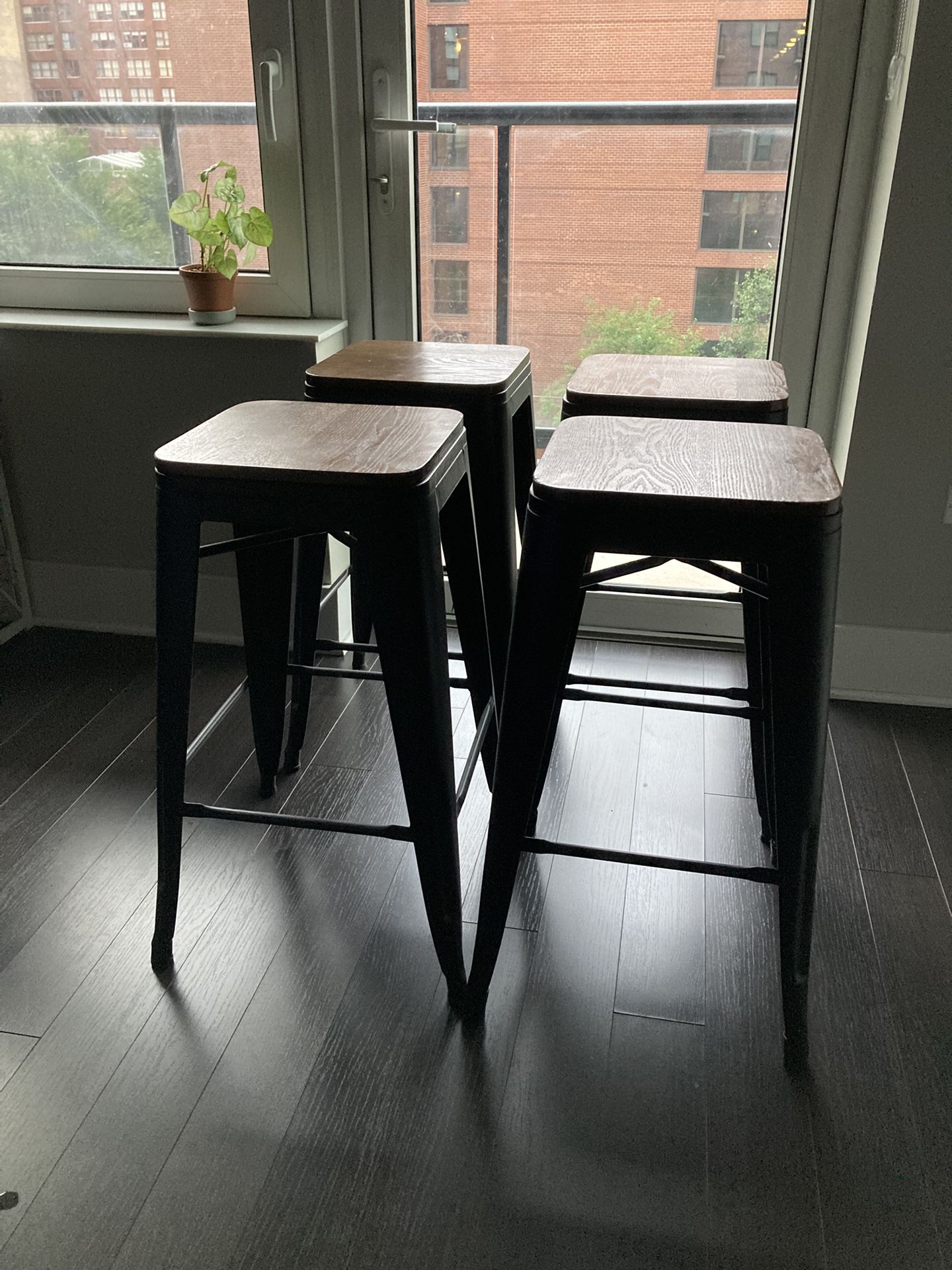 Set of 4 Bar Stools — Wood and Metal