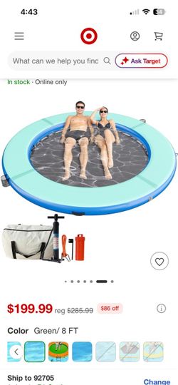 AMERLIFE 8 FT Inflatable Water Hammock Floating Dock with Mesh Center, Drop-Stitch PVC, Mint Green