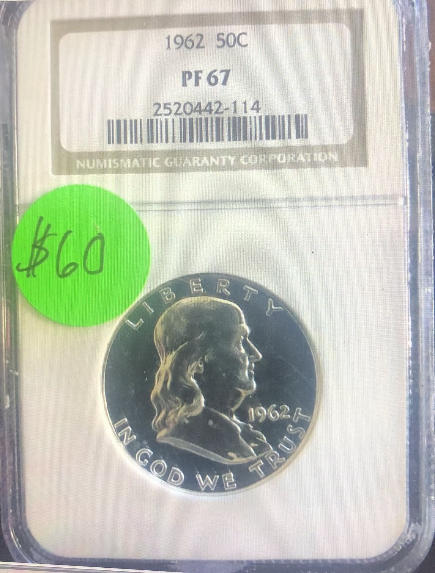 Silver 1962 Ben Franklin Proof Half Dollar— Graded Proof 67 By NGC