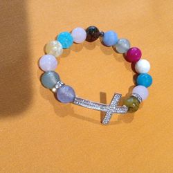 8 inch Genuine Colorful Stone Beads & a Cross with Cubic Zirconia 