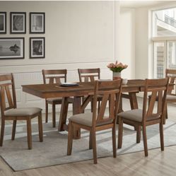 7 Pc Wooden Dining Table + Double Extension Leaf Set 