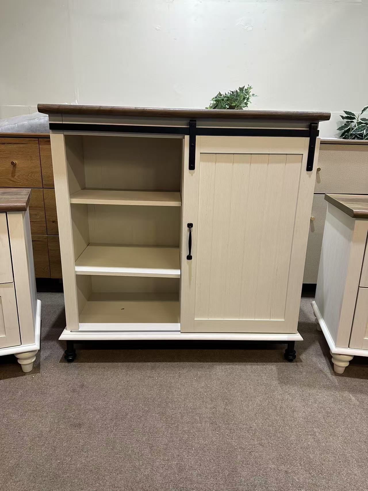 Farmhouse Coffee Bar Cabinet with Sliding Barn Door, Wood Sideboard Buffet Cabinet with Adjustable Shelf & Metal Leg, Kitchen Cabinet for Dining Room,