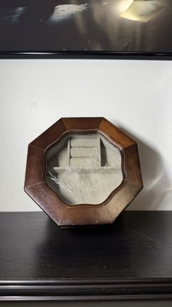 Vintage Wooden Jewelry Box Octagon Hinged Lid With Etched Flowers On Glass