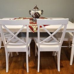 White Dining Table With 6 Chairs & Bench