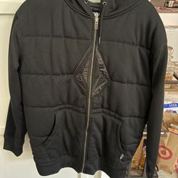 VOLCOM Mens L Black Quilted Winter Hoodie Brass Zipper Warm