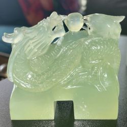 Vintage Bowenite Jade Sculpture Dragon and Phoenix Carving