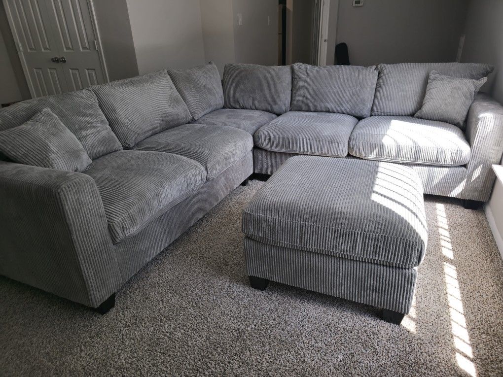 Fog Grey Plush Corduroy Sectional and Ottoman *BRAND NEW*