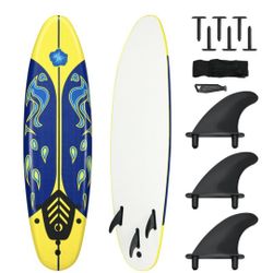 Brand new in box  6' Surfboard Foamie Body Surfing Board W/3 Fins & Leash for Kids Adults Yellow