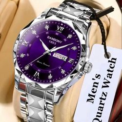 Banbony Stainless Steel Strap Men'S Roman Numerals Dial Rhinestones Multifunctional
