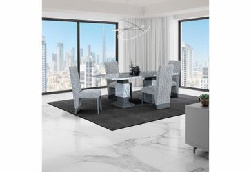 Luxurious Grey marble look dining set features Sleek grey base & Grey chairs