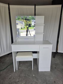 💥 White Vanity Set with Lighted Mirror – 3 Color LED Lighting Makeup Desk with Stool 🚀💄