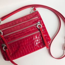 Brighton Red Croco Patent Leather Handbag Purse Crossbody Bag w/Silver Hardware