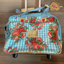 Betsey Johnson Vintage Gingham Blue White Floral Carry On Rolling Luggage Travel Bag Suitcase Y2K