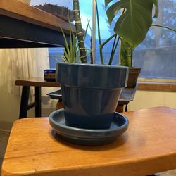 Blue Ceramic Plant Pot With Drainage Hole And Saucer