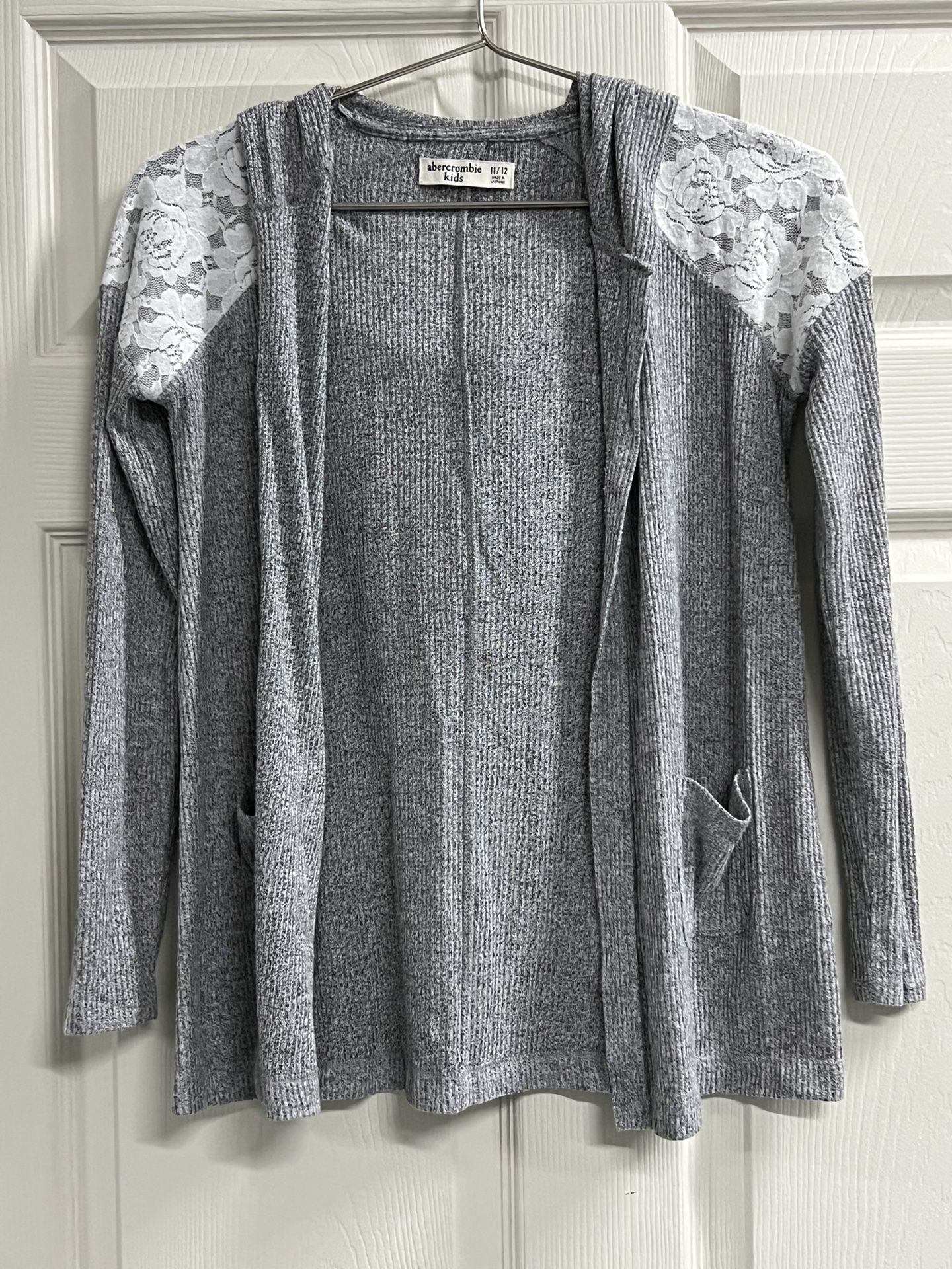 Abercrombie Kids Gray Hoodie Cardigan with Ivory Lace - Size 11 / 12 - VGUC