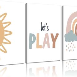 3Pcs Framed Playroom Nursery Canvas Wall Art Boho Rainbow Wall Decor. 16x24 Inch @